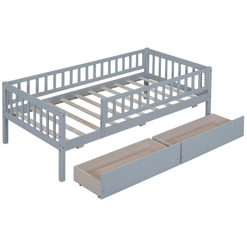 Lit de jour simple en bois avec deux tiroirs, gris, Lit simple, Gris