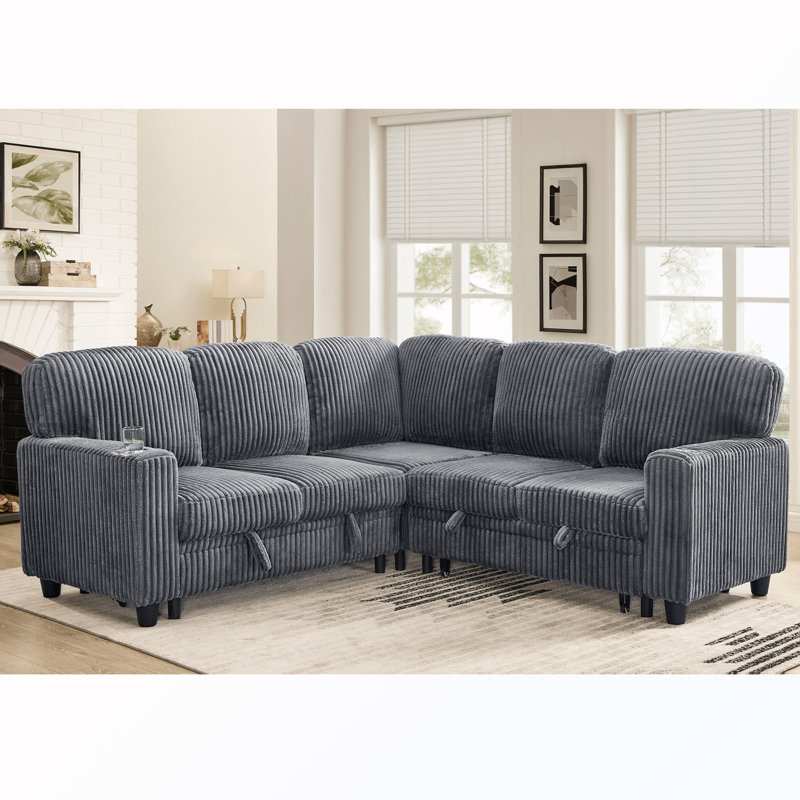 Canapé-lit modulaire en L à 5 places avec lit escamotable, rangement et chargement USB, Gray Corduroy