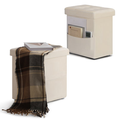 Velvet Storage Ottoman Cube, 2-In-1 Beige Vanity Stool With Side Pocket, Spacious Storage Box For Living Room & Bedroom