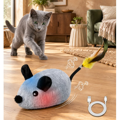 With rechargeable automatic movement, this realistic fake rat/mouse toy adds sound, a feather, and bell for cats and dogs and is also described as a prank/joke scary trick rat.