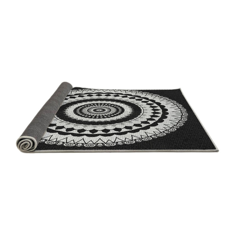 Tapis noir / gris à motif géométrique tissé à la machine en laine et en polyester, Rond 6 pi x 6 pi