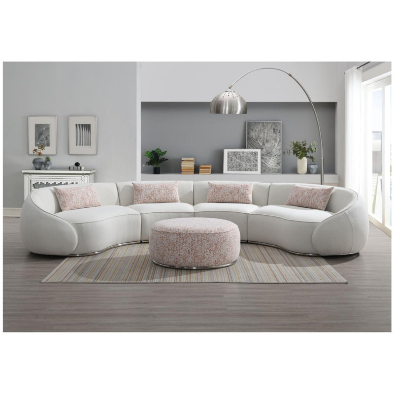 Canapé modulaire Sarah, 3 coussins, tissu bouclé beige, forme courbée