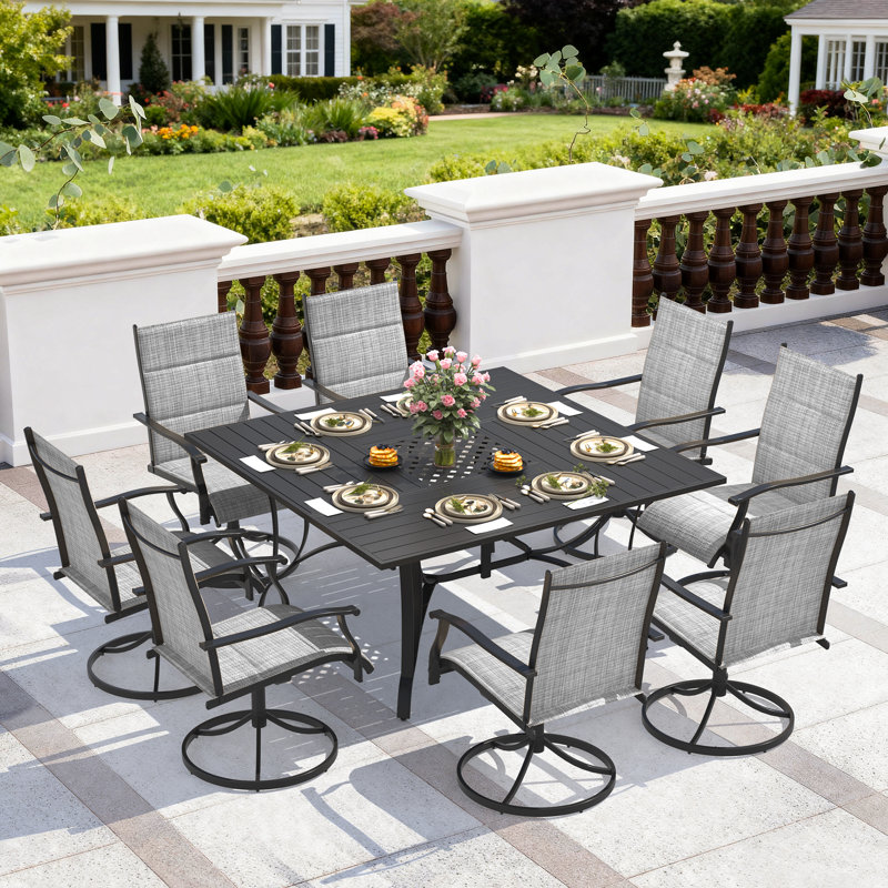 9 Piece Patio Dining Set, Outdoor Dining Table And Chairs Set For 8, 8 Swivel Chairs, 1 Iron Square Table With Adjustable Umbrella Hole (1.57"-1.97"), Patio Furniture Set For Deck, Backyard, Lawn, Poolside, Brown/gray/blue