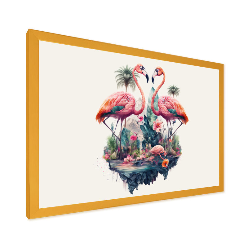 Double exposition de flamants roses avec la nature - reproduction d'art sur toile, Or, H 34 po x l 44 po x P 1,5 po