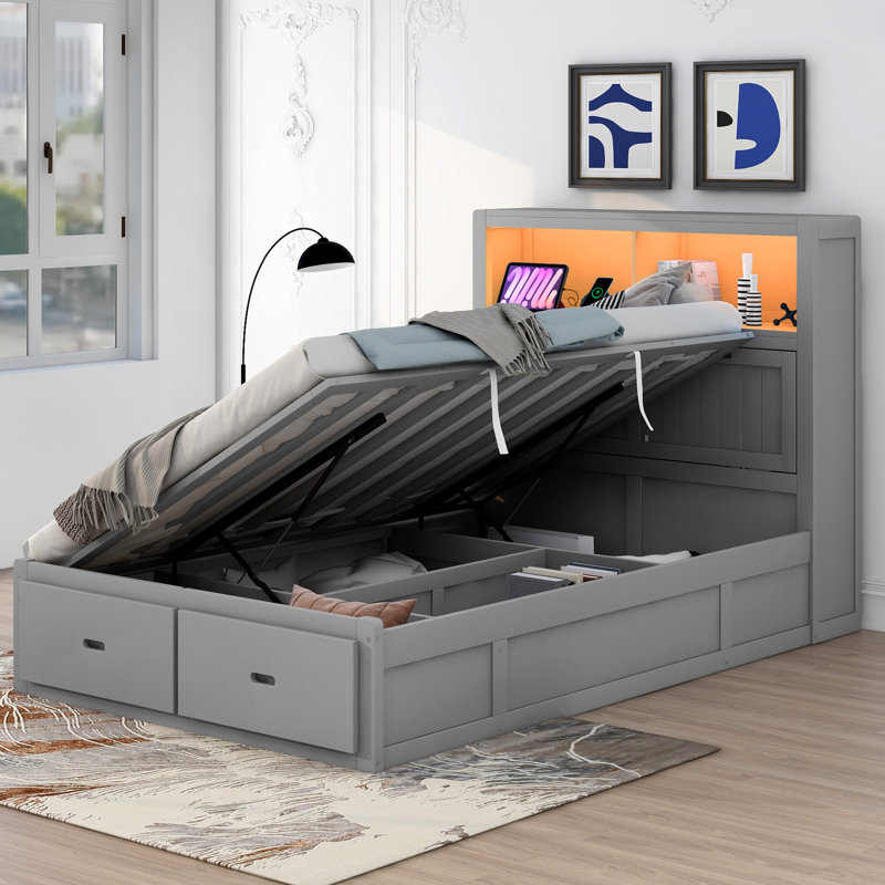 Lit plateforme gris avec rangement, coiffe à DEL, station de charge, support de tête à 2 tiroirs, tiroirs,, Gris