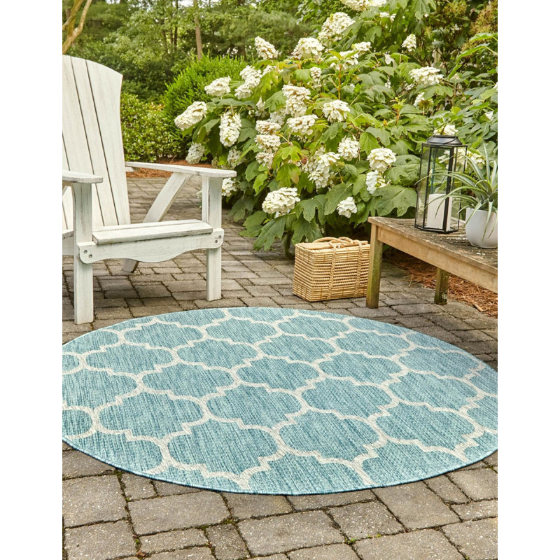 Tapis d'extérieur vert / bleu / vert, Rond 4 pi