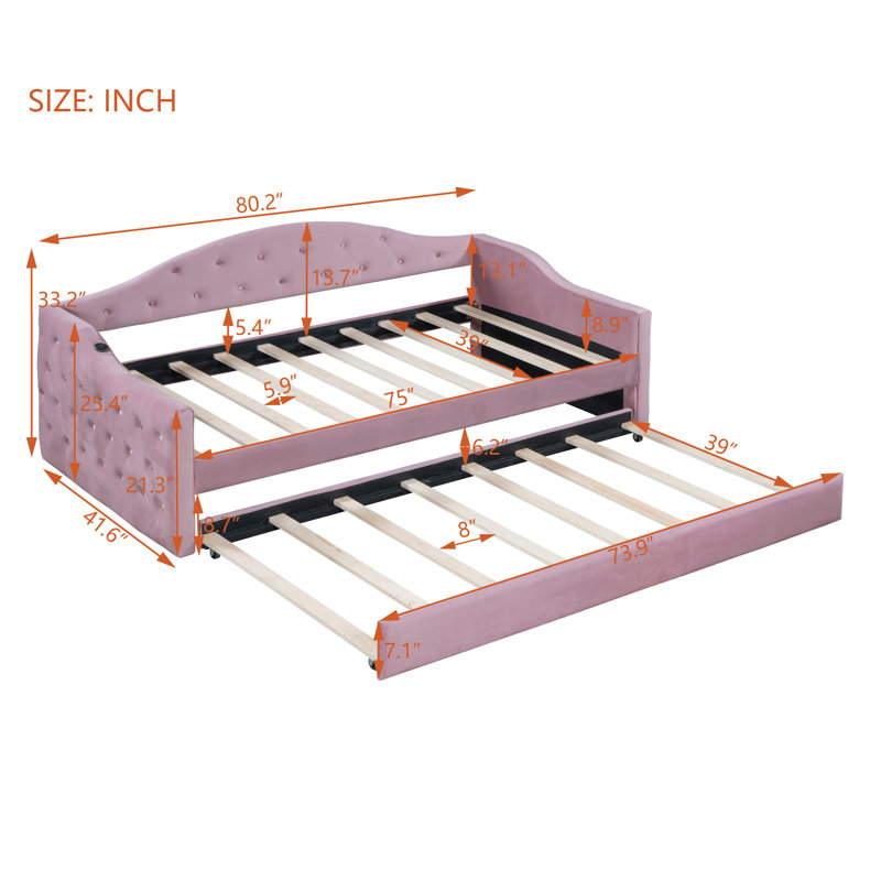 Twin Size Tufted Upholstered Motohiko With Trundle ,Velvet Sofabed With USB&Type-C Charging Ports, Pink