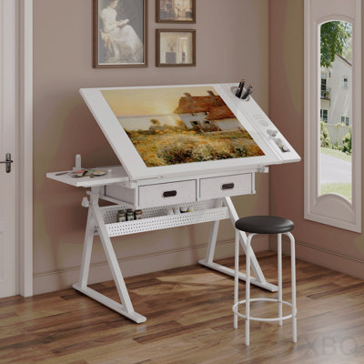 All-White Adjustable Drawing and Drafting Table Desk with 2 Drawers and Matching Stool