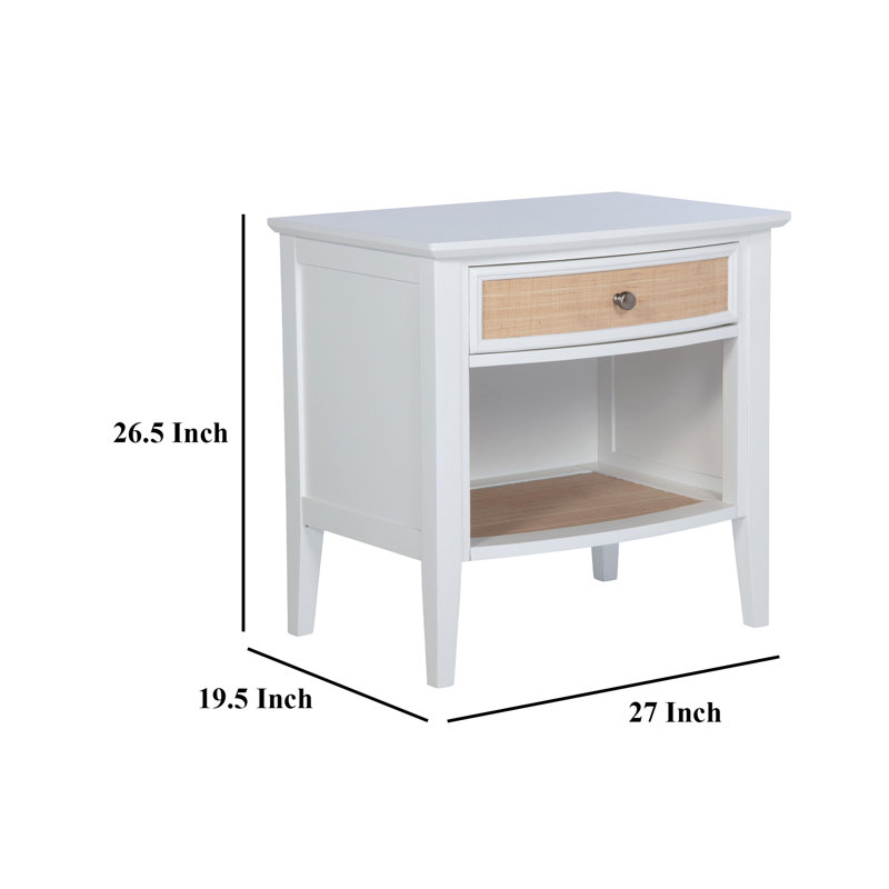 Table de chevet Heo, 1 tiroir tissé en rotin brun, tablette ouverte, bois blanc