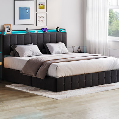 King Size Lift Up Storage Bed with LED Lights, Upholstered Velvet Bed Frame with Storage Headboard & Charging Station, Metal Platform Bed, No Box Spring Needed, Solid Wooden Slats, Black