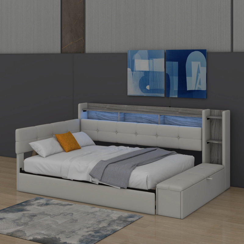 Lit de jour avec lit gigogne escamotable, lit d'angle rembourré avec charge USB et lumière DEL, repose-pieds avec rangement