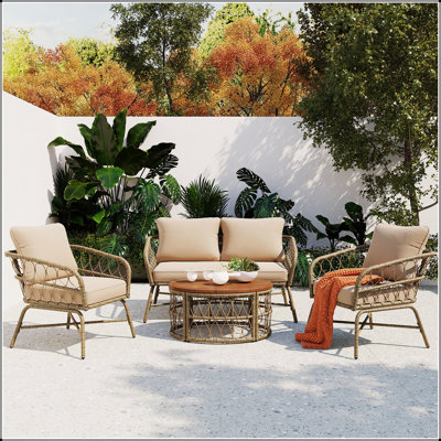 Bohemia-Inspired 4-Person Outdoor Seating Group with Removable Cushions, Conversation Patio Set with Wood Tabletop
