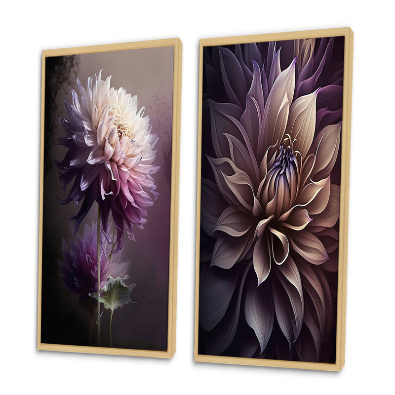 «Mauve fleur de dahlia», 2 pièces sur toile, H 40 po x l 40 po, Encadrement brun