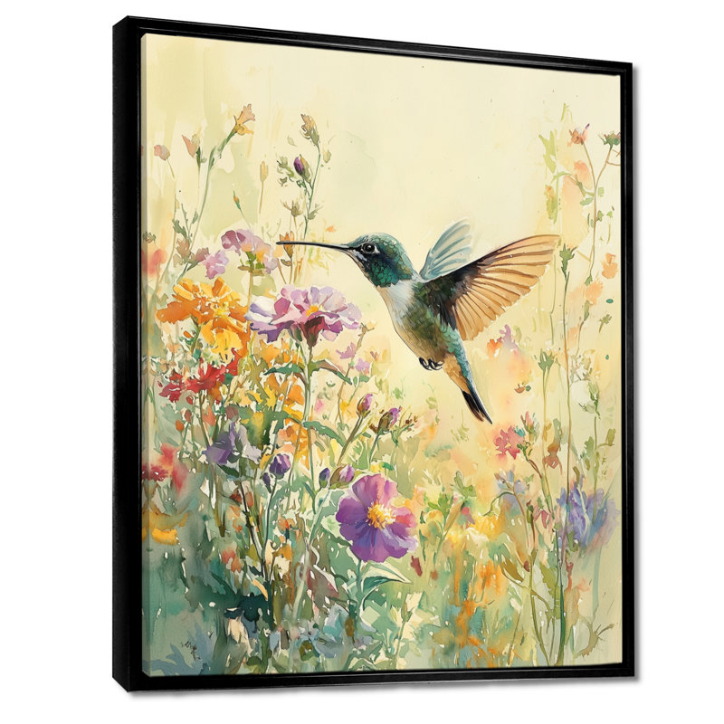 Carlson, colibri parmi les fleurs sauvages - Oiseaux, reproductions encadrées, Noir, Reproduction avec cadre flottant
