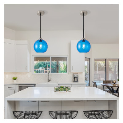 Light Blue Glass Globe Pendant Light with Sand Nickel Finish, Adjustable Height Kitchen Island Lighting Fixture, E26 Base (7.9 in, 1 Pack)