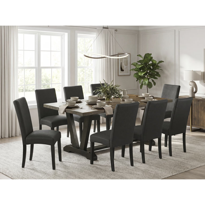 Ensemble de salle à manger 9 pièces comprenant une table rectangulaire à pieds en V et 8 chaises Parson rembourrées en lin noir, 101,6 x 182,9 cm (40 x 72 pouces).