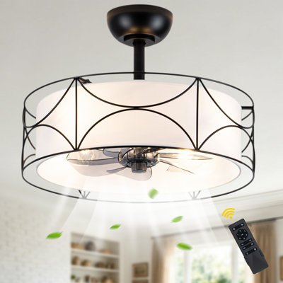 20" Modern Drum Ceiling Fan with Lights and Remote, 6 Speeds Reversible Fabric Caged Ceiling Fan Fandelier for Bedroom Living Room