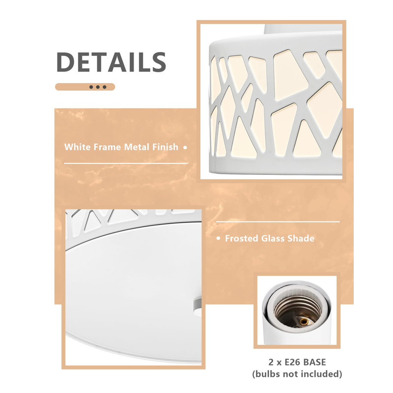 Plafonnier encastré 2 lumières, luminaire moderne de 12 pouces avec abat-jour en métal blanc et verre givré pour le couloir, la cuisine, la chambre à coucher