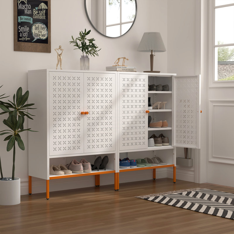 Armoire à chaussures à double porte Grid, trois compartiments réglables pour un rangement flexible, compartiment à langer creux suspendu, conception inférieure à 15 cm résistante à l'humidité