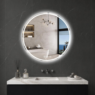 Miroir rond pour salle de bain à DEL, 24 po, verre trempé incassable HD