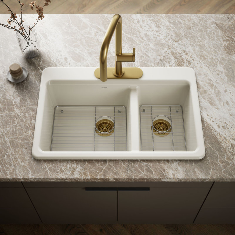 Riverby 33 In. Top-Mount Double-Bowl Kitchen Sink, 3 hole, Biscuit, Large/medium bowls