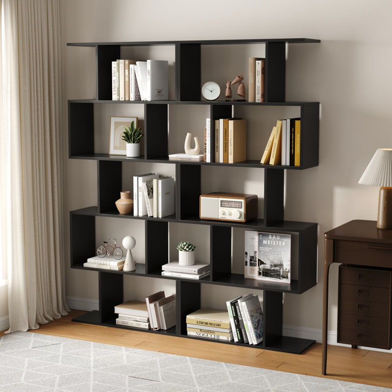 5-tier Geometric Bookcase, S-shaped Modern Bookshelf Set Of 2, 62.6" Tall Room Divider Book Shelf, Decorative Display Shelf