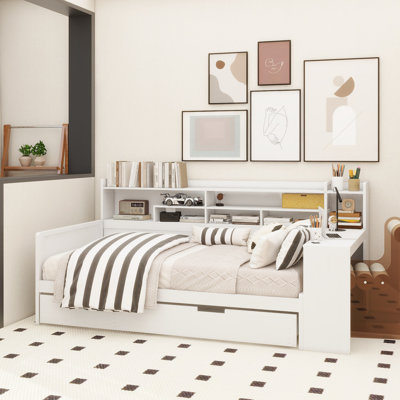 Wooden Daybed With Storage Shelves, Multi-Functional Bed With Trundle Bed And Study Desk