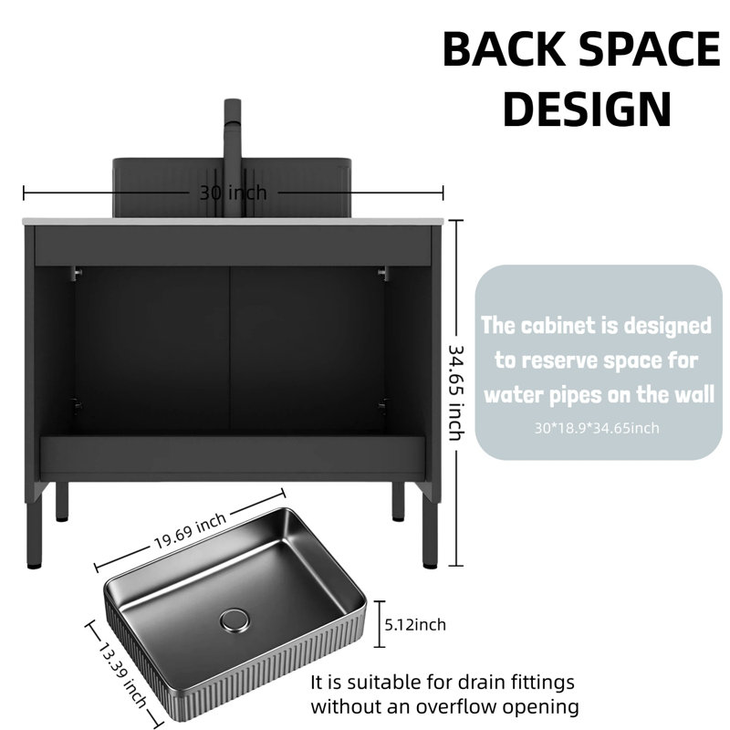Meuble-lavabo de salle de bain autoportant cannelé 30 po, portes en panneau de fibres à densité moyenne en bois massif, lavabo vasque en céramique rayé noir mat avec système de fermeture en douceur