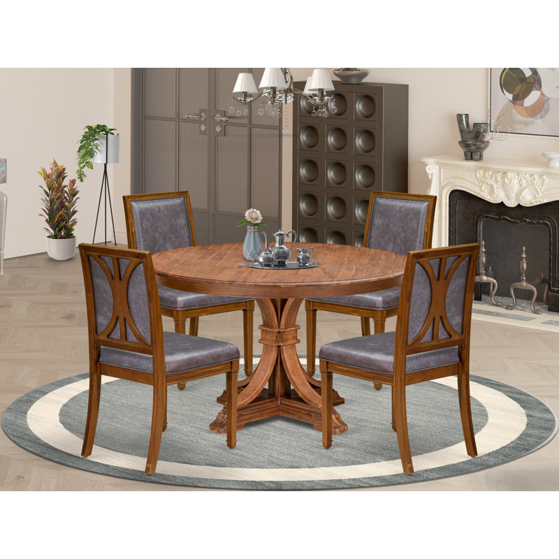 L'ensemble de table de salle à manger 5 pièces moderne se compose d'une table et de 4 chaises de salle à manger en tissu de polyester gris foncé à haut dossier - finition noyer antique