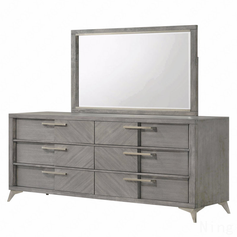 Commode 6 tiroirs, placages assortis gris