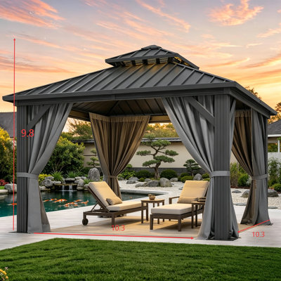Gray 10X10 Hard-Roof Gazebo, Double-Layered Roof With Mesh Curtains, Aluminum Alloy Frame, Suitable For Both Patio And Outdoor Use.