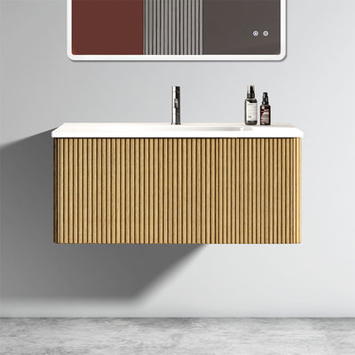Modern Bathroom Vanity, 36" Striped Oak, White Ceramic Sink, , Curved Edges For , Film Lamination, Spacious Drawer Natural Oak Wall Mounted Material, Push Open Drawer, U - Shaped Groove Drainage,