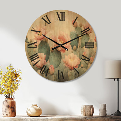 Large Cactus Silent Round Wood Wall Clock – Blush Desert Bloom