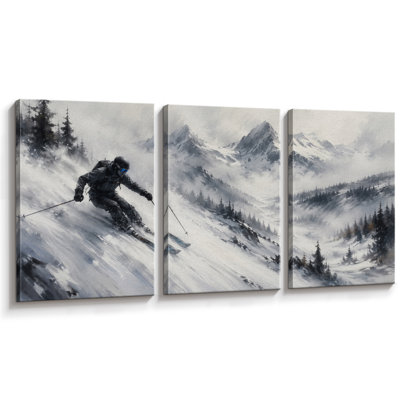 Skier Mountain Snow Adventure Artwork, Living Room Pictures, Framed Canvas Giclee Print 3 Pieces Wall Art - 16"x24"x3pcs, 24"x36"x3pcs