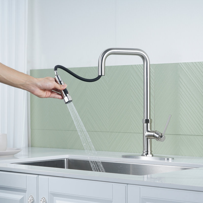 ARCORA Single Handle Pull Down Kitchen Faucet with Deck Plate, Brushed Nickel
