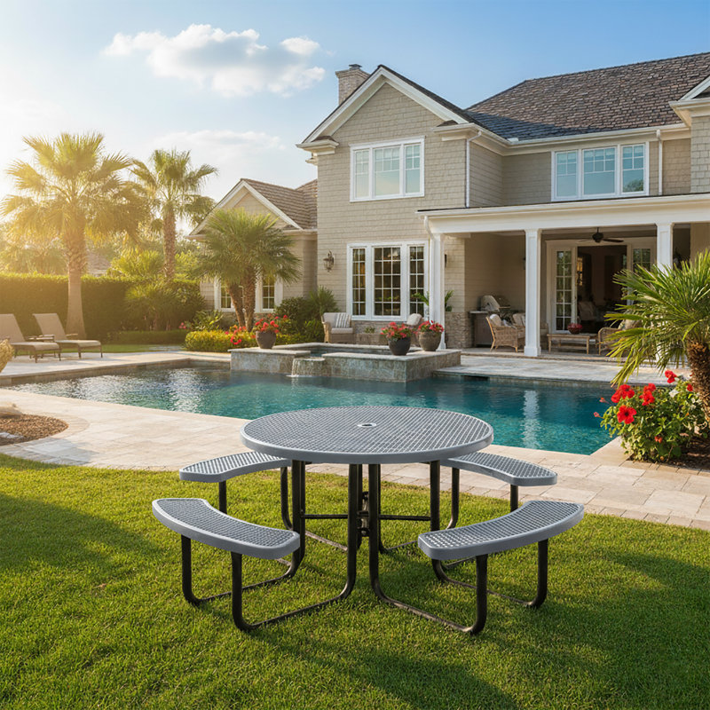 Outdoor Furniture 8-Person Coated Heavy-Duty Picnic Table with Umbrella Hole, Commercial-Grade Patio Dining Table, Round 79''