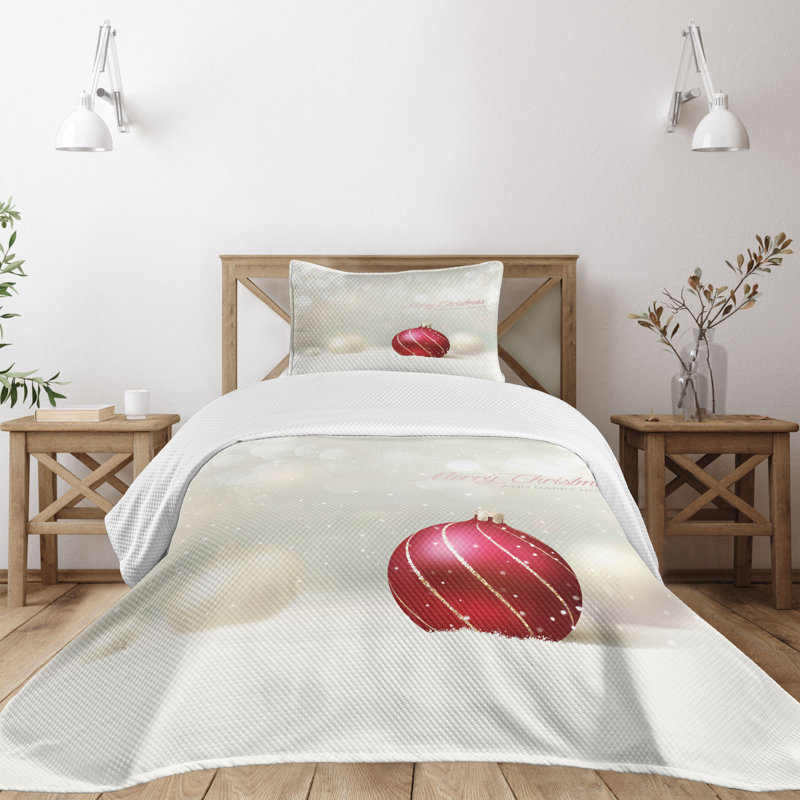 Ambesonne Christmas Bedspread Set Bauble with Lines Ruby Eggshell, Twin Bedspread + 1 Standard Sham