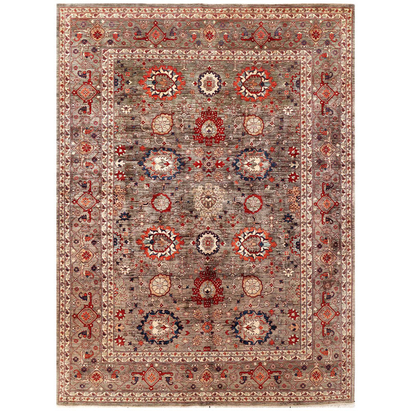 Tapis unique en laine noué à la main de 9 pi x 12 pi 2 po rouge / bleu / gris