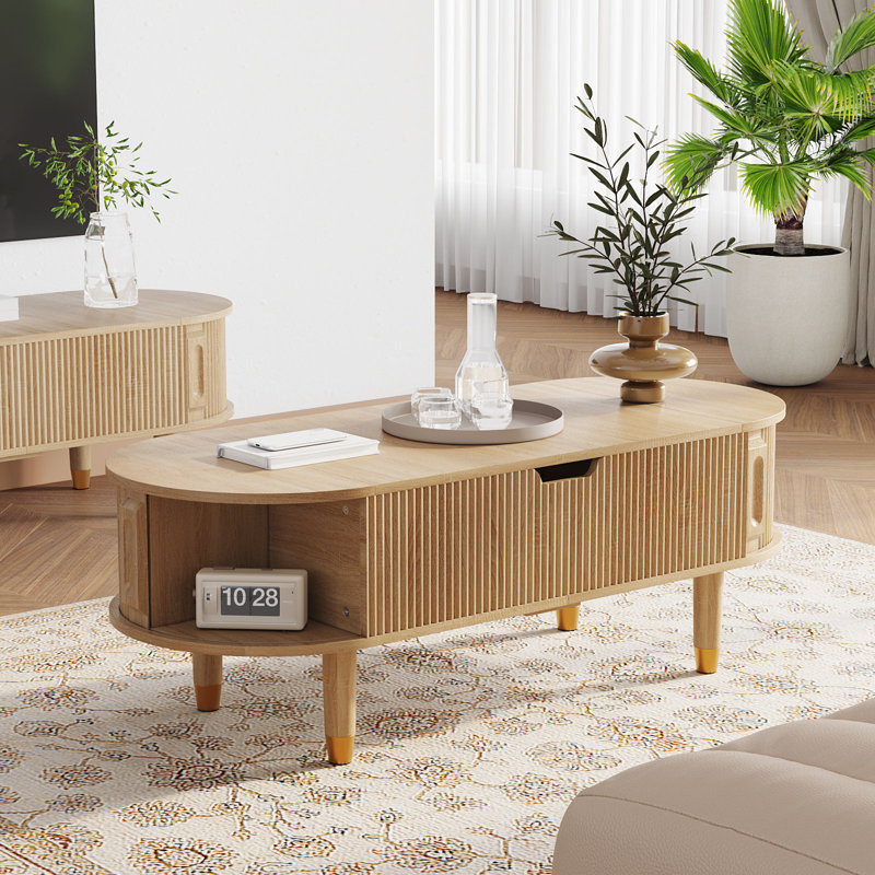 47" Lift Top Coffee Table, 2-Tier Fluted Oval Center Table With Sliding Doors And Hidden Storage Space, Curved Design Wooden Accent Table Suitable For Living Room