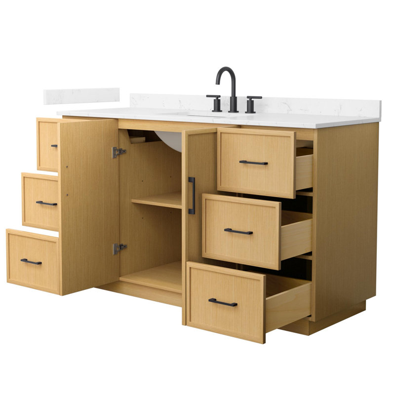 Ensemble de meuble-lavabo simple 60 po avec pieds Oran Elan, Light Oak with Matte Black Trim, Carrara Cultured Marble Counter