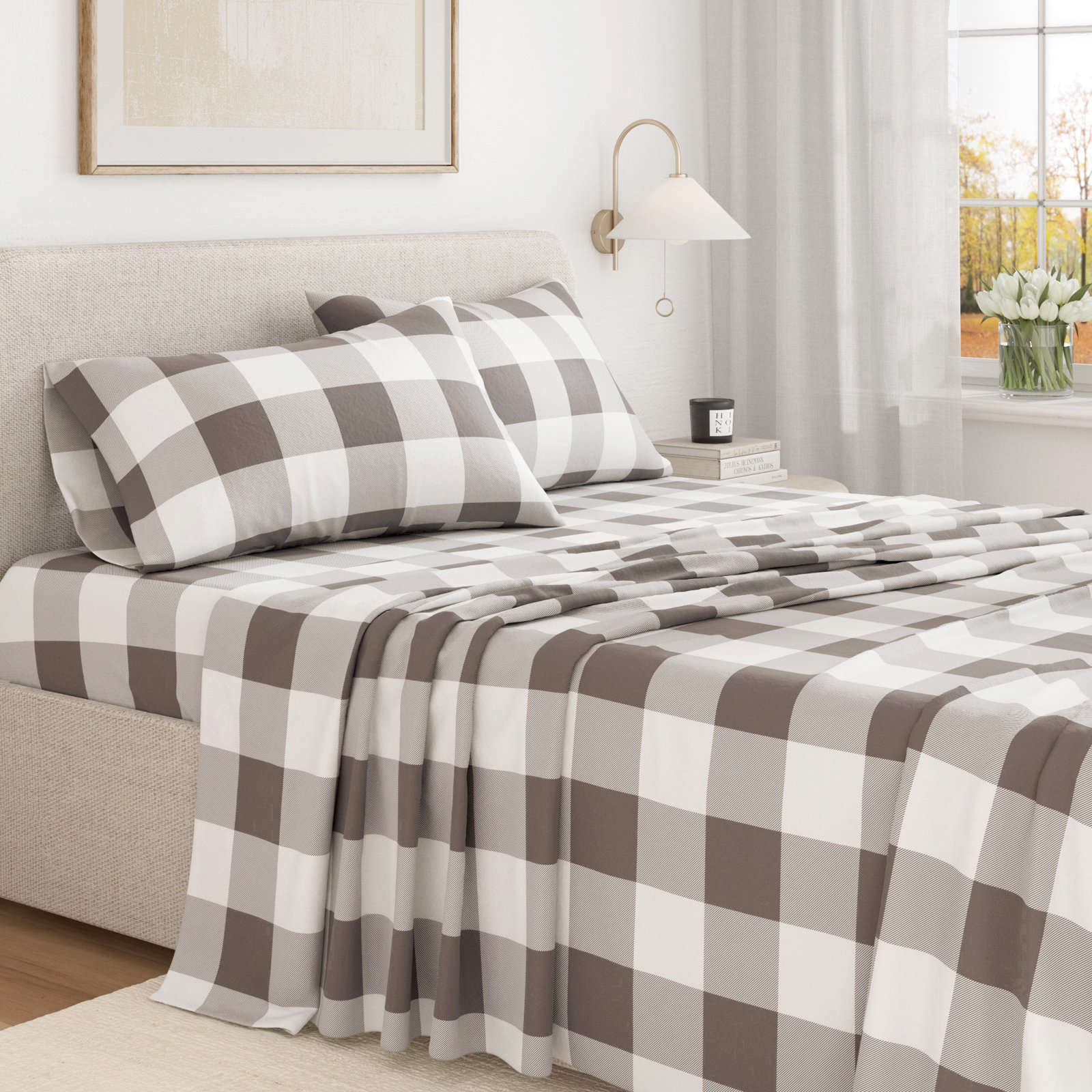 Raye Cotton Flannel Sheet Set, Twin with 1 Pillowcase, Buffalo Check - Gray