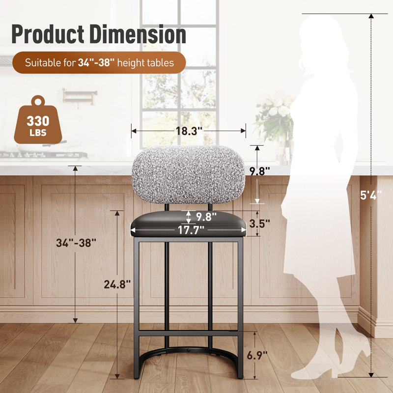 Tabouret de bar 24 po avec siège en similicuir gris et structure en métal noir (ensemble de 4), Gris / Noir, 4