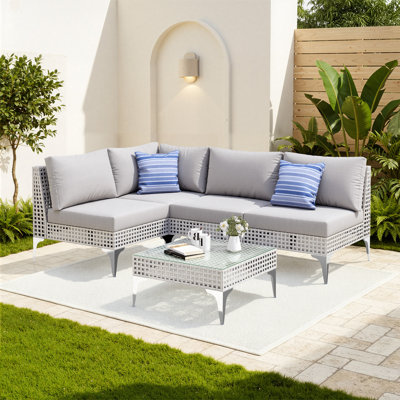 Open-Weave L-Shaped Outdoor Conversation Set with Cushions and Coffee Table for Patio or Garden by Wrought Studio