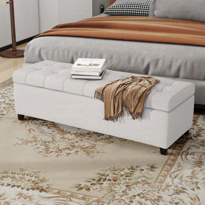 Banc de rangement rembourré avec repose-pieds, tissu gris clair, capacité de 300 lb
