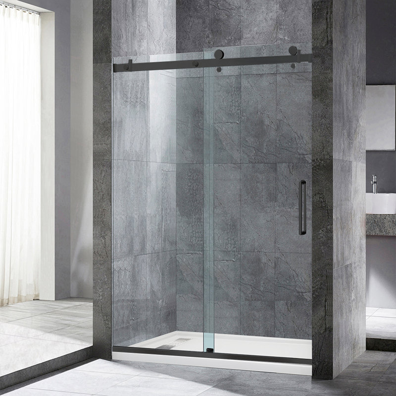 Frameless Single Sliding Shower Doors, 44-48" W X 76" H With 5/16" Clear Tempered Glass And Explosion-Proof Film, Matte Black