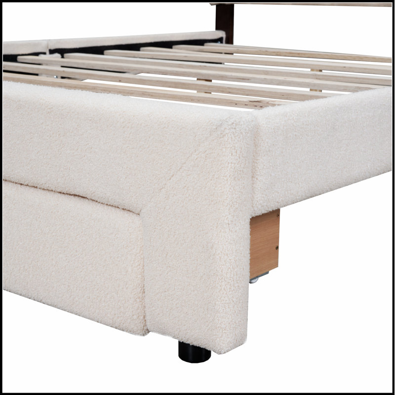 Lit plateforme tapissier avec tiroir, tête de lit rayée et ports USB pour un confort et un rangement modernes, Beige