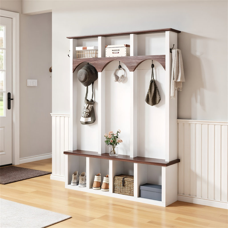 Farmhouse Wooden Style Hall Tree With Arched Design – Practical Walnut Storage Bench With 5 Black Hooks And Minimalist 4-In-1 Shoe Cabinet For Entryway & Mudroom, White