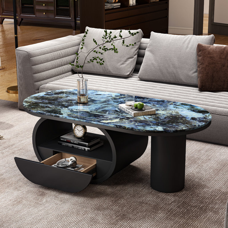 47.4”Contemporary Oval Coffee Table With Glossy Sintered Stone Top，Black Base and Drawer For Living Room, Blue