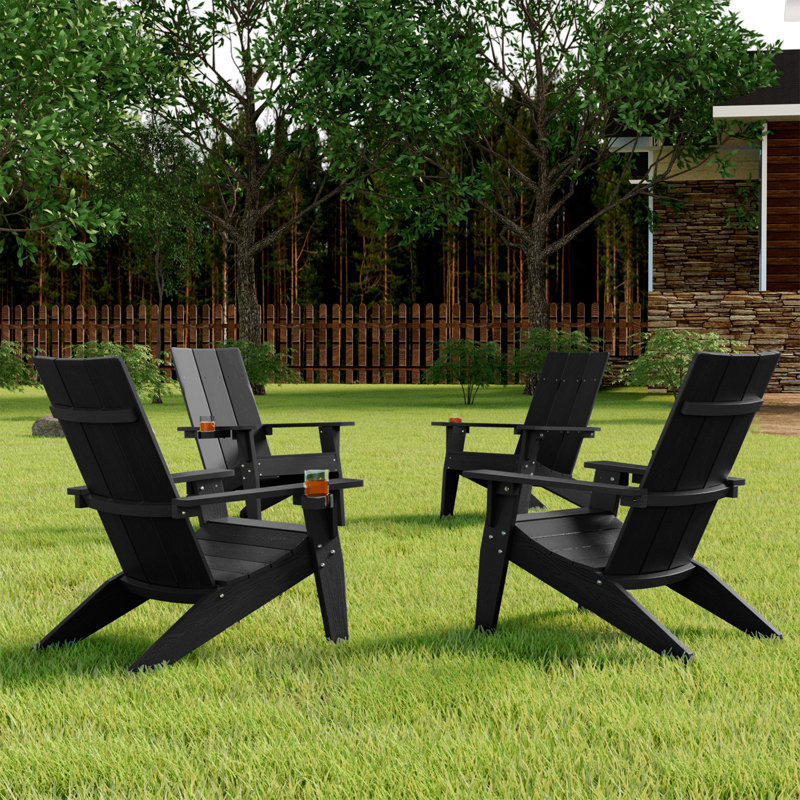 Aurra Set of 4 Modern All Weather Outdoor HIPS Plastic Adirondack Chairs with Cup Holder Oversize Fire pit Chairs, Black