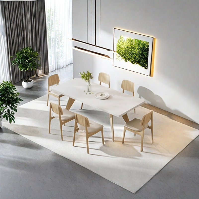 White sintered stone solid wood dining table set, 29.53”H x 55.12”L x 31.5”W